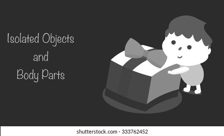 Black and white filter effect holidays greeting card template. Cartoon boy child character holding a big present, unwrapping Christmas gift box. All elements are isolated for your custom design.