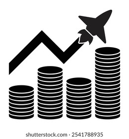 Black and white financial growth bar chart with coin money and rocket illustration.