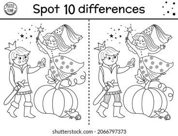 Black and white find differences game for children. Fairytale educational activity with cute prince, shoe, fairy, pumpkin. Magic kingdom puzzle for kids. Fairy tale printable worksheet,  coloring page