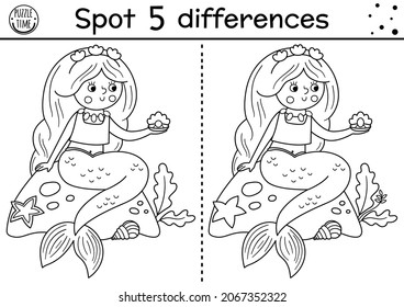 Black and white find differences game for children. Fairytale educational activity with cute mermaid and pearl. Magic kingdom puzzle for kids. Fairy tale printable worksheet or coloring page
