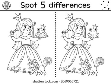 Black and white find differences game for children. Fairytale educational activity with cute princess and frog prince. Magic kingdom puzzle for kids. Fairy tale printable worksheet or coloring page
