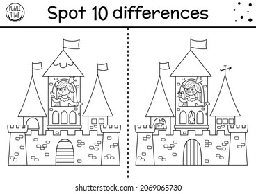 Black and white find differences game for children. Fairytale educational activity with cute princess in a castle tower. Magic kingdom puzzle for kids. Fairy tale printable worksheet or coloring page
