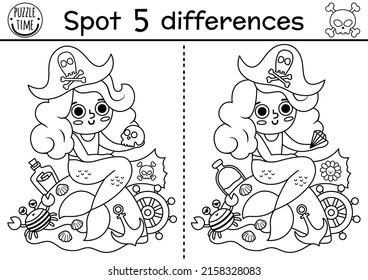 Black and white find differences game for children. Sea adventures line educational activity with cute pirate mermaid with hat and scull. Treasure island printable worksheet, coloring page for kids
