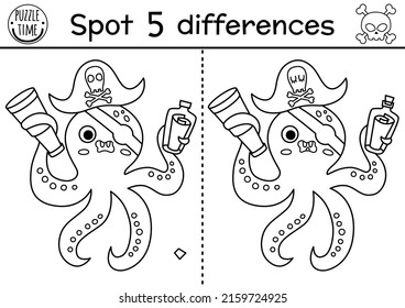 Black and white find differences game for children. Sea adventures line educational activity with cute pirate octopus and map in bottle. Treasure island printable worksheet, coloring page for kids
