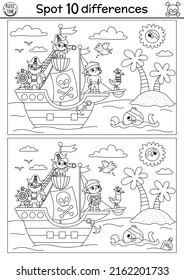 Black and white find differences game for children. Sea adventures line educational activity with cute pirate ship, pirates, octopus. Treasure island printable worksheet, coloring page for kids
