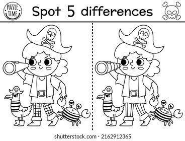 Black and white find differences game for children. Sea adventures line educational activity with cute pirate girl with seagull and crab. Treasure island printable worksheet, coloring page for kids
