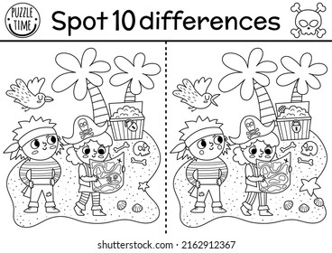 Black And White Find Differences Game For Children. Sea Adventures Line Educational Activity With Cute Pirates Looking For Treasure Chest. Treasure Island Printable Worksheet, Coloring Page For Kids
