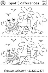 Black and white find differences game for children. Sea adventures line educational activity with cute palm trees, scull, crab in stripy shirts. Treasure island printable  coloring page for kids