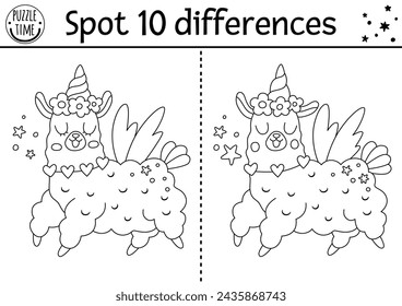 Black and white find differences game for children with unicorn llama. Fairytale line activity with funny alpaca, horn. Cute puzzle for kids with fantasy characters. Printable worksheet, coloring page