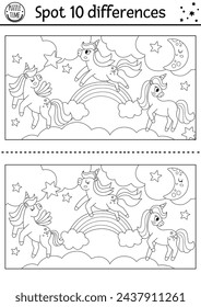 Blanco y negro encuentran juego de diferencias para niños con unicornios. Actividad de línea de cuento de hadas con caballo con cuerno, arco iris, fondo de paisaje mágico. Rompecabezas para colorear para niños con carácter de fantasía
