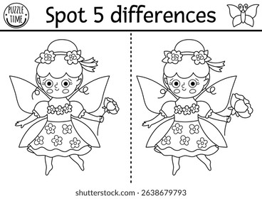 Black and white find differences game. Fairyland educational activity with flower fairy. Magic forest puzzle for kids. Fairytale line printable worksheet, coloring page with fantasy girl
