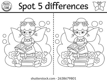 Black and white find differences game. Fairyland educational activity with flower fairy reading sitting on a book pile. Magic forest puzzle for kids. Fairytale printable worksheet, coloring page
