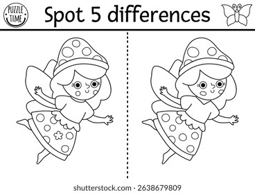 Black and white find differences game. Fairyland educational activity with flower fairy. Magic forest puzzle for kids. Fairytale line printable worksheet, coloring page with fantasy girl
