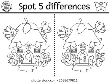 Black and white find differences game. Fairyland educational activity with flower fairy house. Magic forest puzzle for kid. Fairytale line printable worksheet, coloring page with fantasy home
