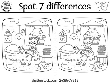 Black and white find differences game. Fairyland educational activity. Landscape with flower fairy reading in cozy bedroom in tree house. Magic forest coloring page or puzzle for kids
