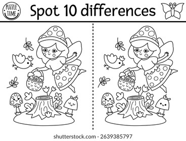 Black and white find differences game. Fairyland educational activity with mushroom fairy, tree stump, bird. Magic forest puzzle for kid. Fairytale printable worksheet, coloring page with fantasy girl