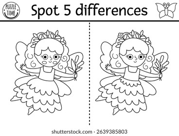 Black and white find differences game. Fairyland educational activity with swamp fairy. Magic forest puzzle for kids. Fairytale line printable worksheet, coloring page with fantasy girl, reed bouquet
