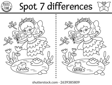 Black and white find differences game. Fairyland educational line activity with swamp fairy. Magic forest puzzle for kid. Fairytale printable worksheet, coloring page for attention with fantasy girl