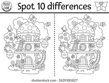 Black and white find differences game. Fairyland educational activity with fairy bug tree house. Magic forest puzzle for kids. Fairytale line printable worksheet, coloring page with fantasy home
