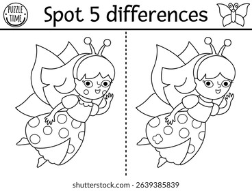 Black and white find differences game. Fairyland educational activity with cute fairy bug. Magic forest line puzzle for kids. Fairytale printable worksheet, coloring page with fantasy girl
