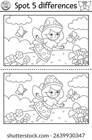 Black and white find differences game. Fairyland educational activity with landscape with mushroom fairy on meadow. Magic forest puzzle for kids. Fairytale printable worksheet, coloring page
