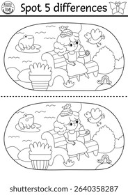 Black and white find differences game. Fairyland educational activity. Landscape with acorn fairy sitting on bench in park, feeding bird. Magic forest puzzle for kid. Fairytale printable coloring page