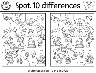 Black and white find differences game. Fairyland educational line activity with mushroom fairy, house. Magic forest puzzle, coloring page for kids. Fairytale printable worksheet with cute girl
