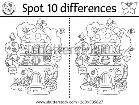 Black and white find differences game. Fairyland educational activity with fairy bug tree house. Magic forest puzzle for kids. Fairytale line printable worksheet, coloring page with fantasy home

