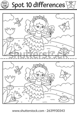 Black and white find differences game. Fairyland educational activity with swamp fairy landscape. Magic forest puzzle for kids. Fairytale line printable worksheet, coloring page with fantasy girl

