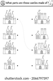 Black and white find differences, logical and matching game for kids. Fairytale educational activity with castles. Find parts printable worksheet. Magic kingdom puzzle or coloring page
