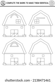 Black and white find differences, logical and drawing game for kids. On the farm educational activity with barn house. Complete picture printable worksheet. Rural country puzzle or coloring page
