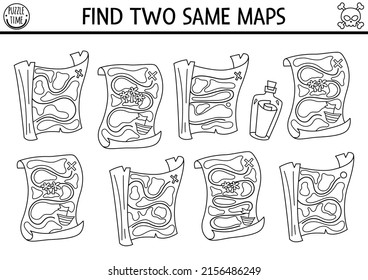 Black and white find two same maps. Treasure island line matching activity for children. Sea adventures educational quiz worksheet or coloring page for kids. Simple printable game with cute plans
