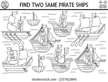 Black and white find two same pirate ships. Treasure island line matching activity for children. Sea adventures educational quiz worksheet or coloring page for kids with cute boats
