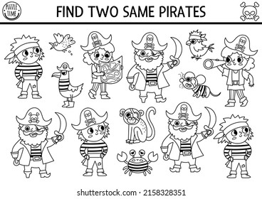 Black and white find two same pirates. Treasure island line matching activity for children. Sea adventures educational quiz worksheet or coloring page for kids for attention skills
