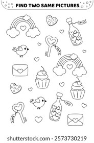 Black and white find two same pictures. Rainbow, heart, key, cake. Game for children. Spot two identical pictures. Isolated vector illustration eps 10