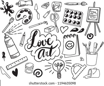 Black and white fine art hand drawn doodle and tool model icon isolated. Art subject doodle used for school education or document decoration with subject header lettering, VECTOR Illustration