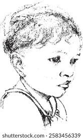 Black and White Fine dot Art Portrait of a baby boy looking sad and confused