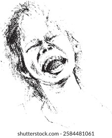 Black and White Fine dot Art Portrait of a girl crying face and shouting