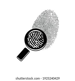 Black and white finger print isolated on white background with search loupe