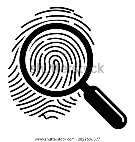 Black and white fingerprint icon with a magnifying glass. Symbol of biometric identification, forensic science, criminal investigation, and security.