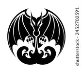 Black and white fire breathing dragon illustration for logo, poster, tattoo, etc.