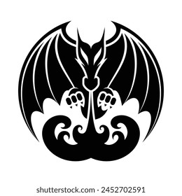 Ilustración del dragón de la respiración del fuego blanco y negro para el logotipo, el póster, el tatuaje, el etc.