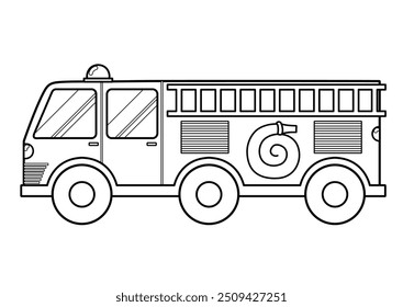 Black and white fire engine in cartoon style for kids. Rescue truck in outline for coloring. Doodle emergency car. Vector illustration