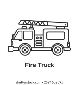 Black and white fire engine in cartoon style for kids. Rescue truck in outline for coloring book