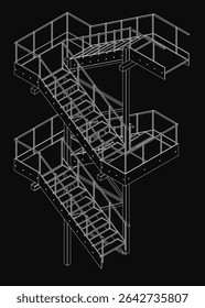 Black and white fire escape staircase with sturdy railings and metal steps, designed for emergency exits and firefighter safety. The detailed drawing highlights the structural elements and functional.