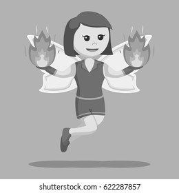 black and white fire female fairy with fire on her hands black and white style