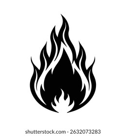Black and white fire flame icon illustrating danger heat energy power and burning symbol