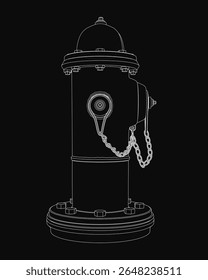 Black and white fire hydrant with a heavy chain attached, standing against a dark textured background. The detailed line art highlights the hydrant's sturdy metal construction and vintage aesthetic.