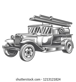 Black and white fire truck on white background. Vector illustration.