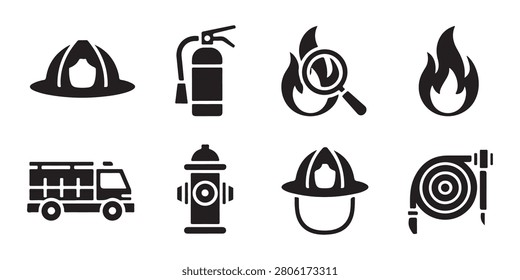 Black and white firefighter equipment flat vector icons collection including helmet fire extinguisher and fire truck.